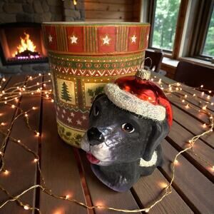 Santa Hat Black Lab Puppy Blown Glass Glittered Christmas Ornament 4.5” x 4"